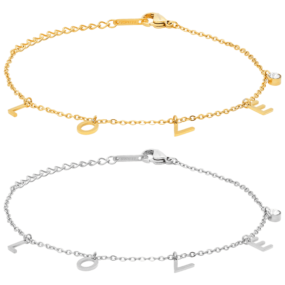 Steeltime Set de 2 Pulseras con Dijes de Diamantes Simulados "L O V E"