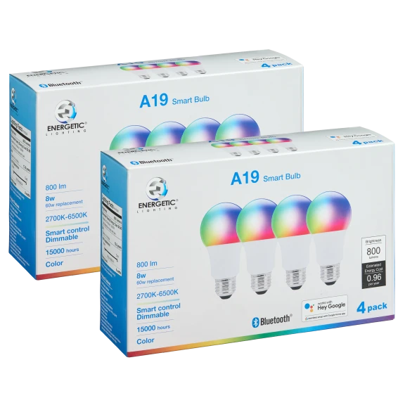 8-Pack: Energetic Lighting A19 8W Google Smart Bulbs (2700K-6500K)