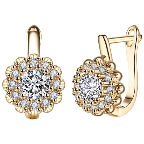 Golden NYC Jewelry Gold Plated CZ Blossoming Floral Design Hinge Earrings