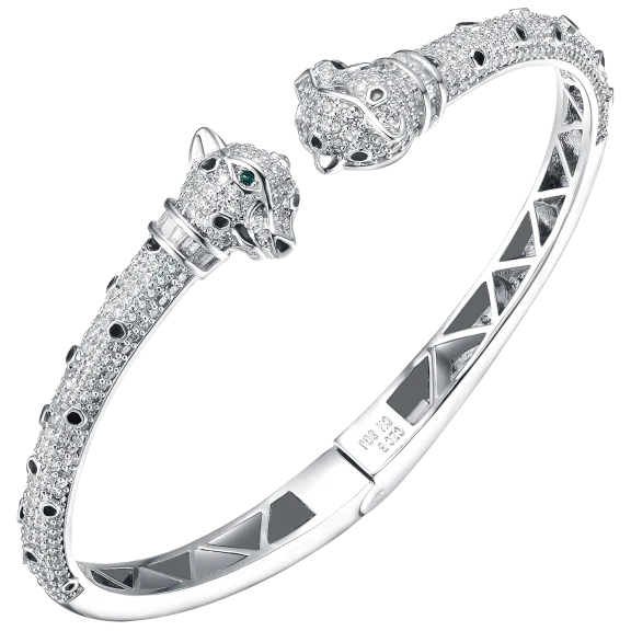 Genevive Rhodium Plated Panther Fauna Bracelet in Round Black Inlaid