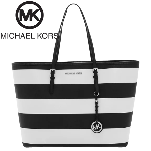 Michael Kors Jet Set Medium Saffiano Leather Top-Zip Tote in Black & White