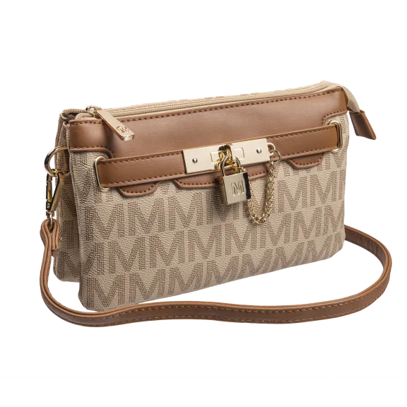Milan Imports Lock & Chain Crossbody-Wristlet Combo Handbag in Beige