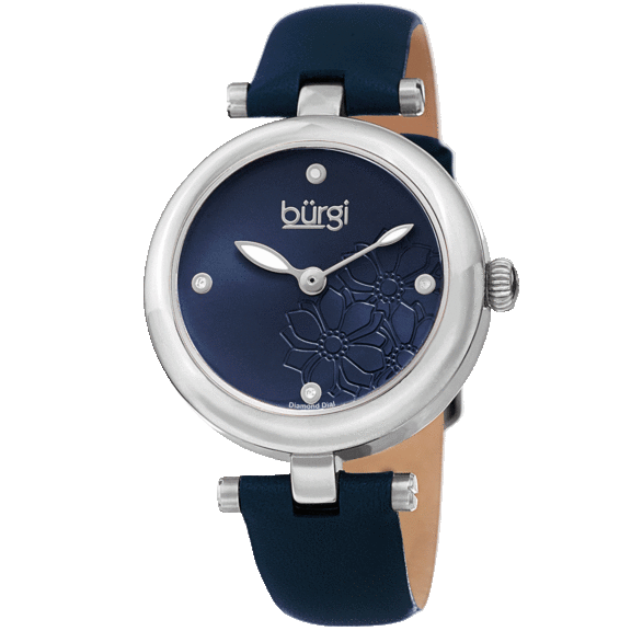 Burgi Ladies Diamond Floral Barbell Leather Strap Watch