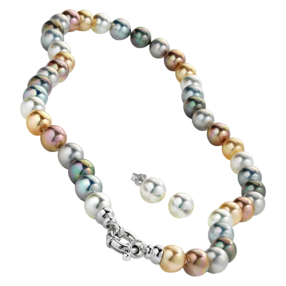 JOIA De Majorca 10mm 18" Multi-Color Pearl Necklace & White Stud Earrings
