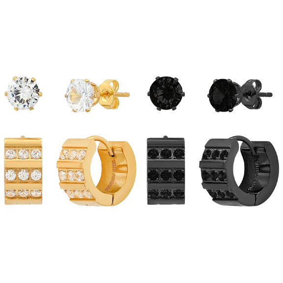 Steeltime Simulated Diamond Studs & Stacked Huggie Hoop Earrings Set