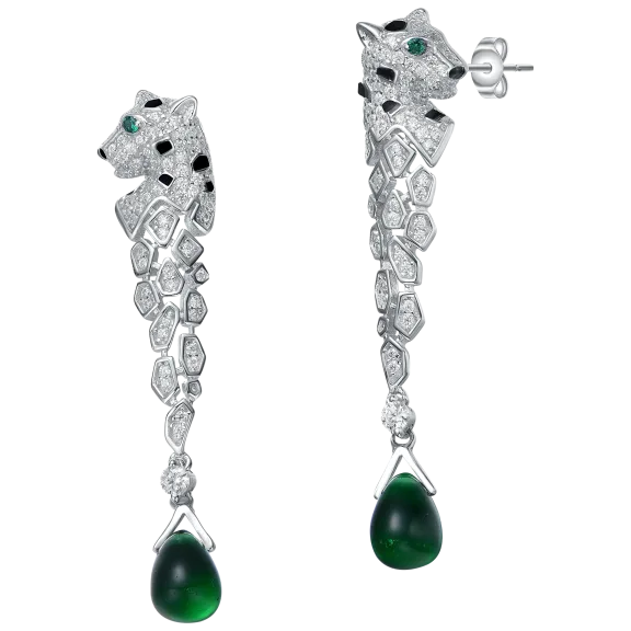 Genevive Sterling Silver Rhodium Plated Emerald and Clear CZ Fauna Drop Earrings