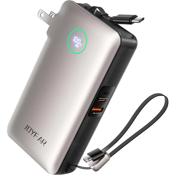 JOYFAR 10,000mAh Fast Charging Power Bank with Built-in Cables & Wall Plug