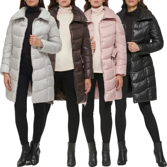 Kenneth Cole Longline Belted Puffer Jacket with Funnel Neck