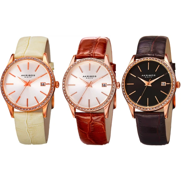 Akribos Women’s Swarovski Crystal Date Genuine Leather Strap Watch