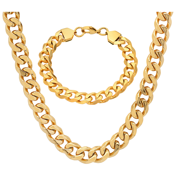 Steeltime Men's Heavy Thick Cuban Link Necklace & Bracelet Set