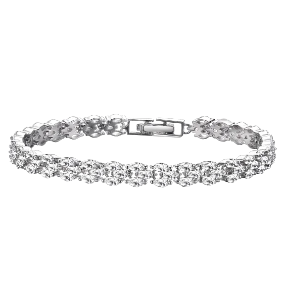 Genevive Sterling Silver Platinum Plated Clear Marquise Three-Row Bracelet