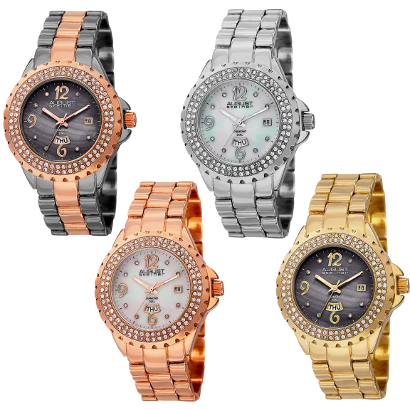 August Steiner Quartz Diamond & Crystal Accented Mother-of-Pearl Watch