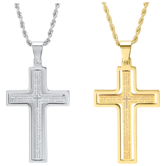 Steeltime Set of 2 Men's "Our Father" Prayer Spinner Cross Pendants