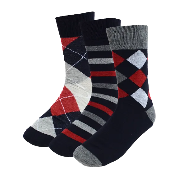 Ivory + Mason Men's 3-Pack Grey Argyle & Striped Dress Socks