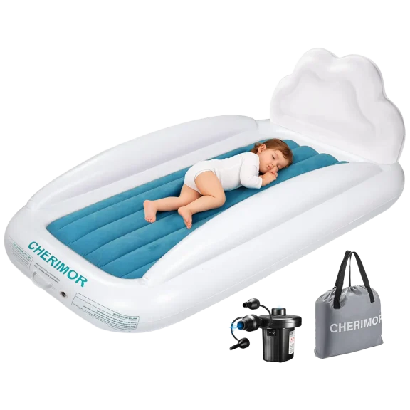 Cherimor Inflatable Toddler Travel Bed with Safety Sides and Air Pump