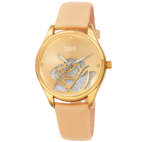Burgi Women's Diamond Glitter Flower Leather Strap Watch