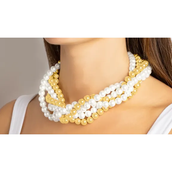 Martha Stewart Five Strand Pearl and Gold Ball Twisted Gold Necklace