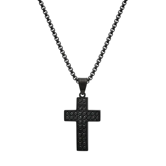 Iron Saints Stainless Steel Cross Pendant with Black Cubic Zirconia Stones