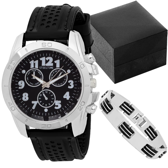 SteelTime Men's Black Watch and Bracelet Set