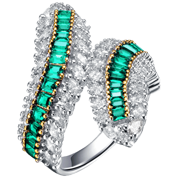 Genevive Sterling Silver Rhodium Plated CZ Bypass Ring in Emerald & Sapphire