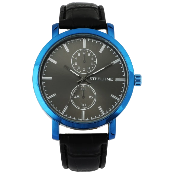 Steeltime Men's Blue Ip Alloy Case With Black Faux Leather Strap Watch