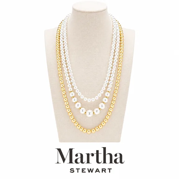 Martha Stewart Three Strand Pearl and Ball Gold Necklace