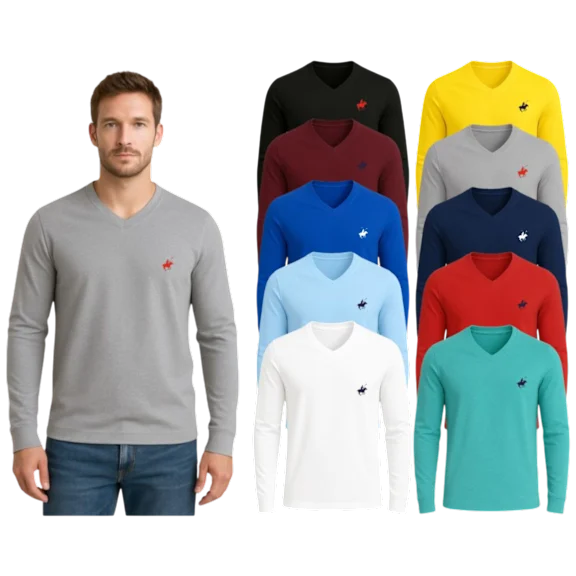 4-Pack: Pacific Polo Club Mens Cotton Long Sleeve V-Neck T-Shirts