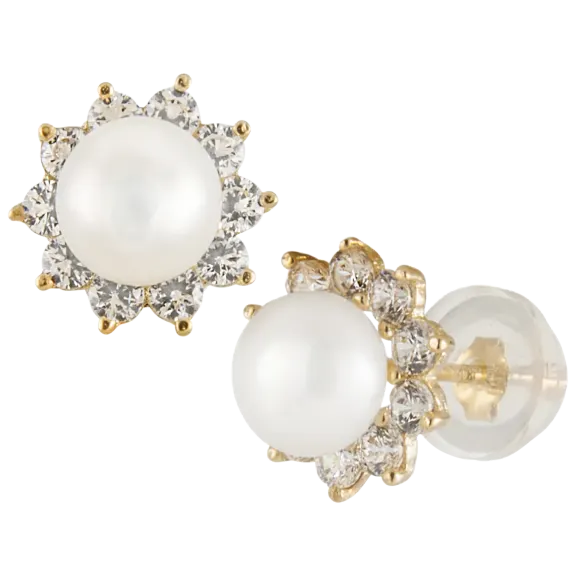 Splendid Pearls Pearl Halo 14K Yellow Gold Stud Earrings