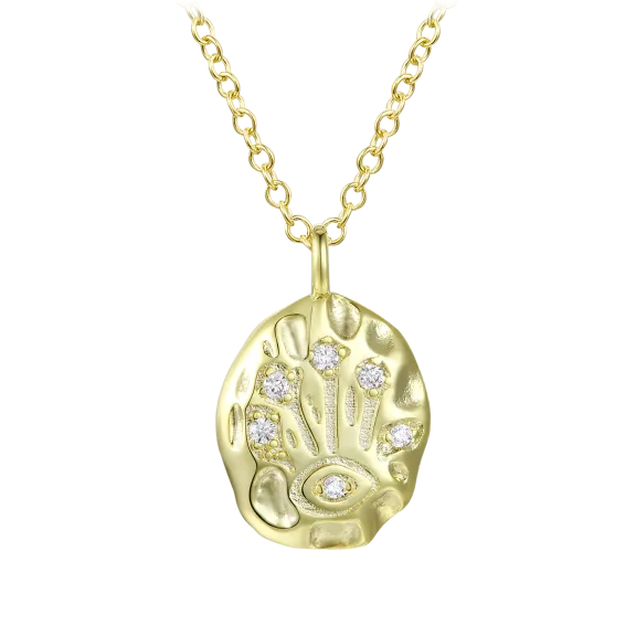 Stella Valentino 14K Gold Diamond Hamsa Evil Eye Medallion Pendant Necklace