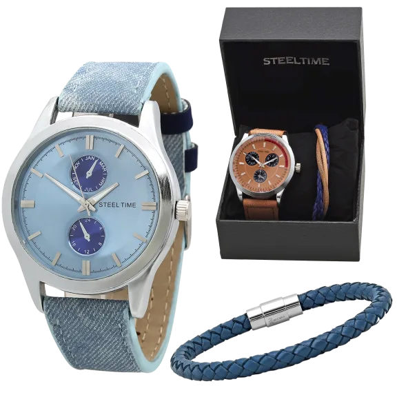 SteelTime Men's Orange or Blue Watch and Bracelet Set