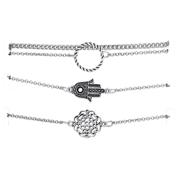 Golden NYC 3-Piece Silvertone Cable Wire Hamsa Bracelet Set