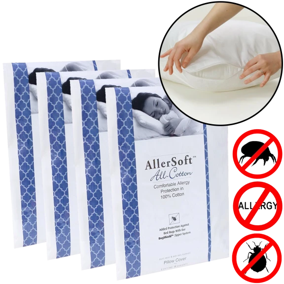 4-Pack: Allersoft 100% Cotton Bed Bug, Dust Mite & Allergy Control Pillow Case