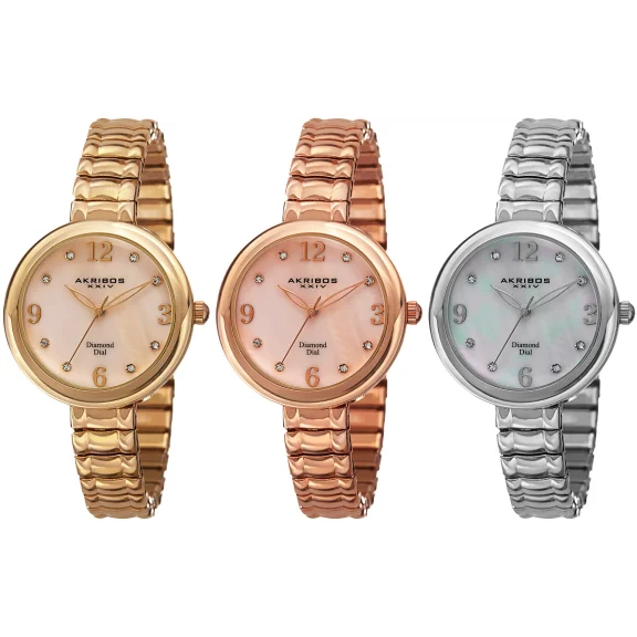 Akribos Women’s Genuine Diamond Mother Of Pearl Expandable Bracelet Watch