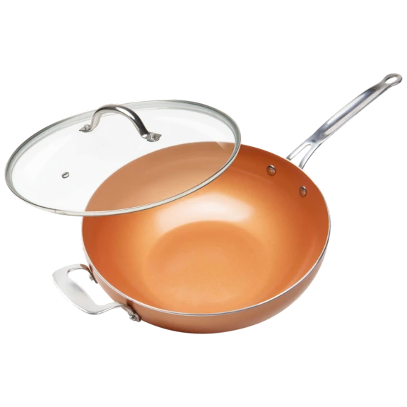 MasterPan Ceramic Nonstick 12" Copper Wok with Glass Lid