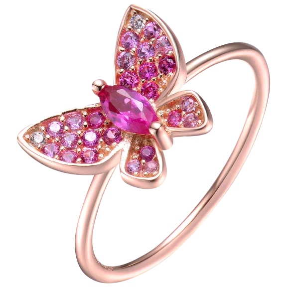 Genevive Sterling Silver with Rose Gold Plated Ruby CZ Butterfly Ring