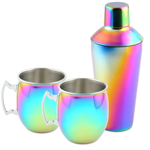 Cambridge Rainbow Cocktail Shaker and 2 Moscow Mule Mugs