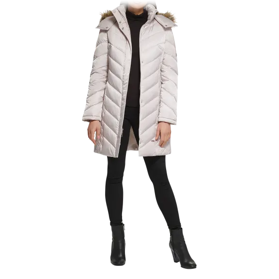 Kenneth Cole Mid-Length Chevron Quilted Puffer Jacket with Faux Fur Trim
