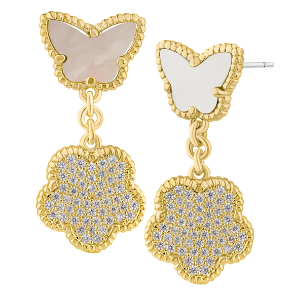 CZ by Kenneth Jay Lane .75 CTTW Pave CZ Butterfly & Clover Drop Earrings