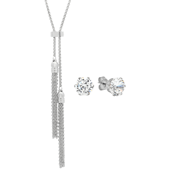 Steeltime Ladies Double Tassel Necklace & Simulated Diamond Earrings