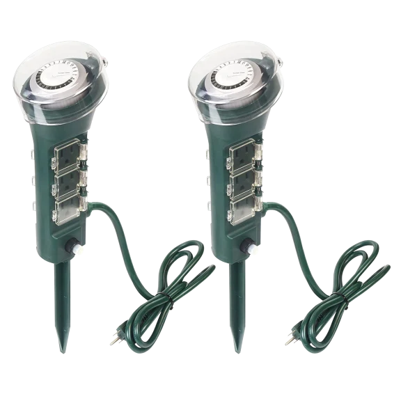 2-Pack: ClearPower Outdoor Power Strip Yard Stake Programmable Mechanical Timer