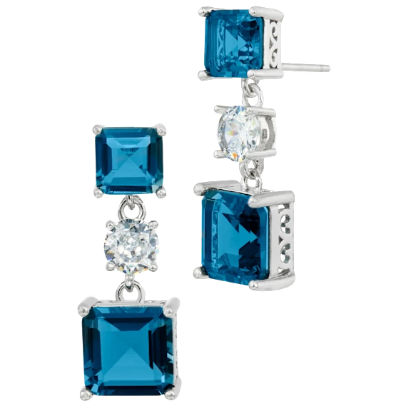 Savvy Cie Step Cut 3-Stone London Blue Cubic Zirconia Drop Earring