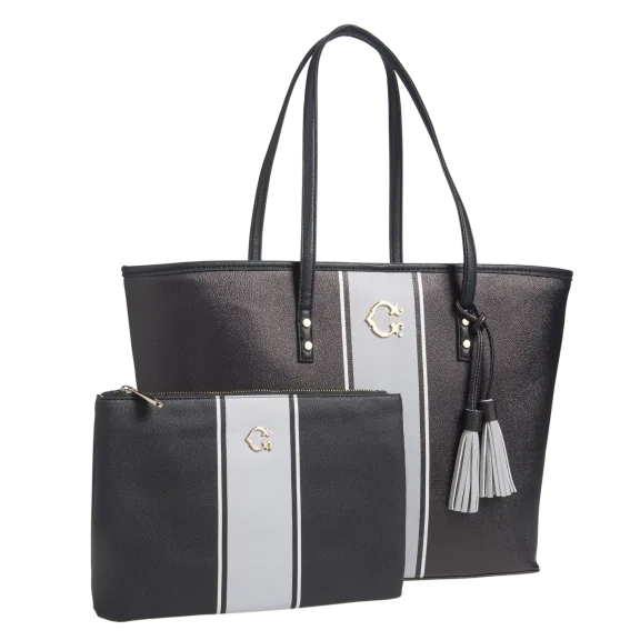 Black & Neutral Stripe Pattern Large Tote and Pouch Bundle by C. Wonder