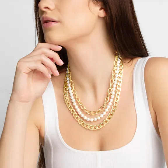 Martha Stewart Three Strand Pearl and Chain Gold Necklace