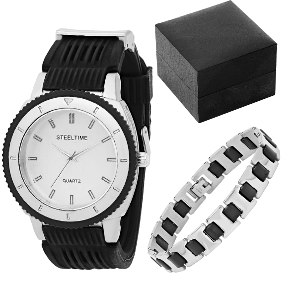 SteelTime Men's Black & Silver Alloy Face Watch and Bracelet Set