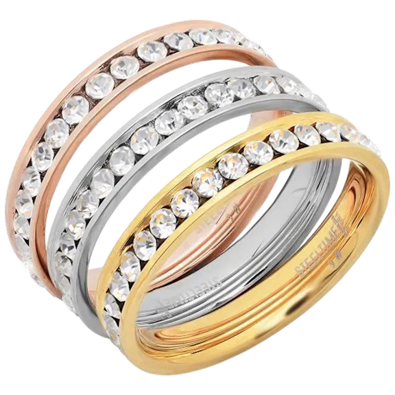 Steeltime Ladies Tritone Stainless Steel Simulated Diamond 3-Piece Ring Set