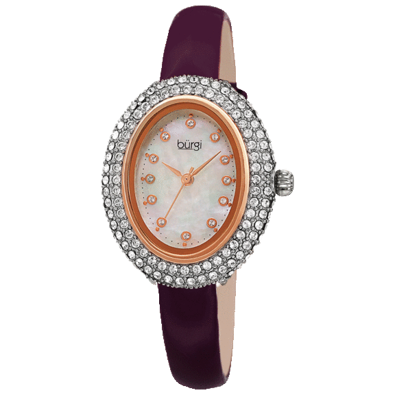 Burgi Women's Oval Swarovski Crystal Leather Strap Watch