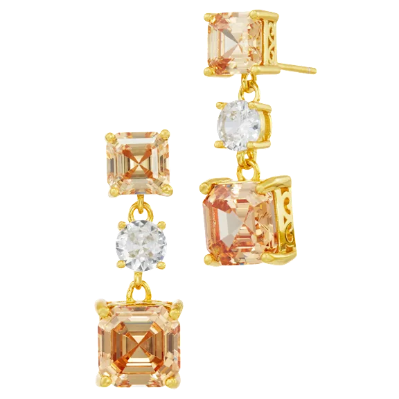 Savvy Cie Step Cut 3-Stone Champagne Cubic Zirconia Drop Earring