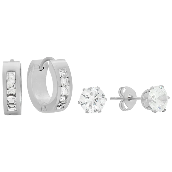 Steeltime Set of 2 Simulated Diamond Studs & Huggie Hoop Earrings