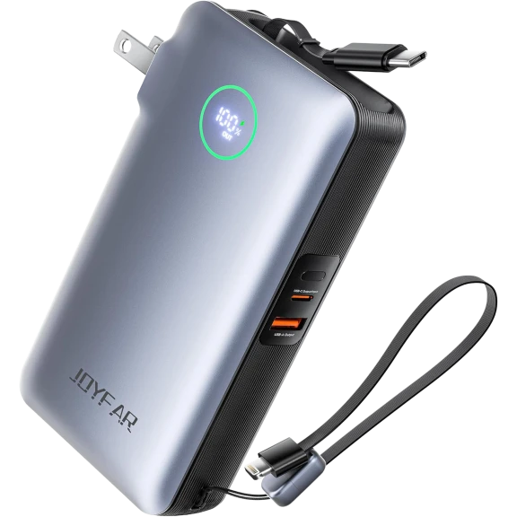 JOYFAR 25,000mAh GaN 65W Power Bank with Wall Plug & Retractable USB-C Cable
