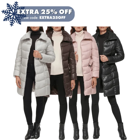 Kenneth Cole Longline Belted Puffer Jacket with Funnel Neck